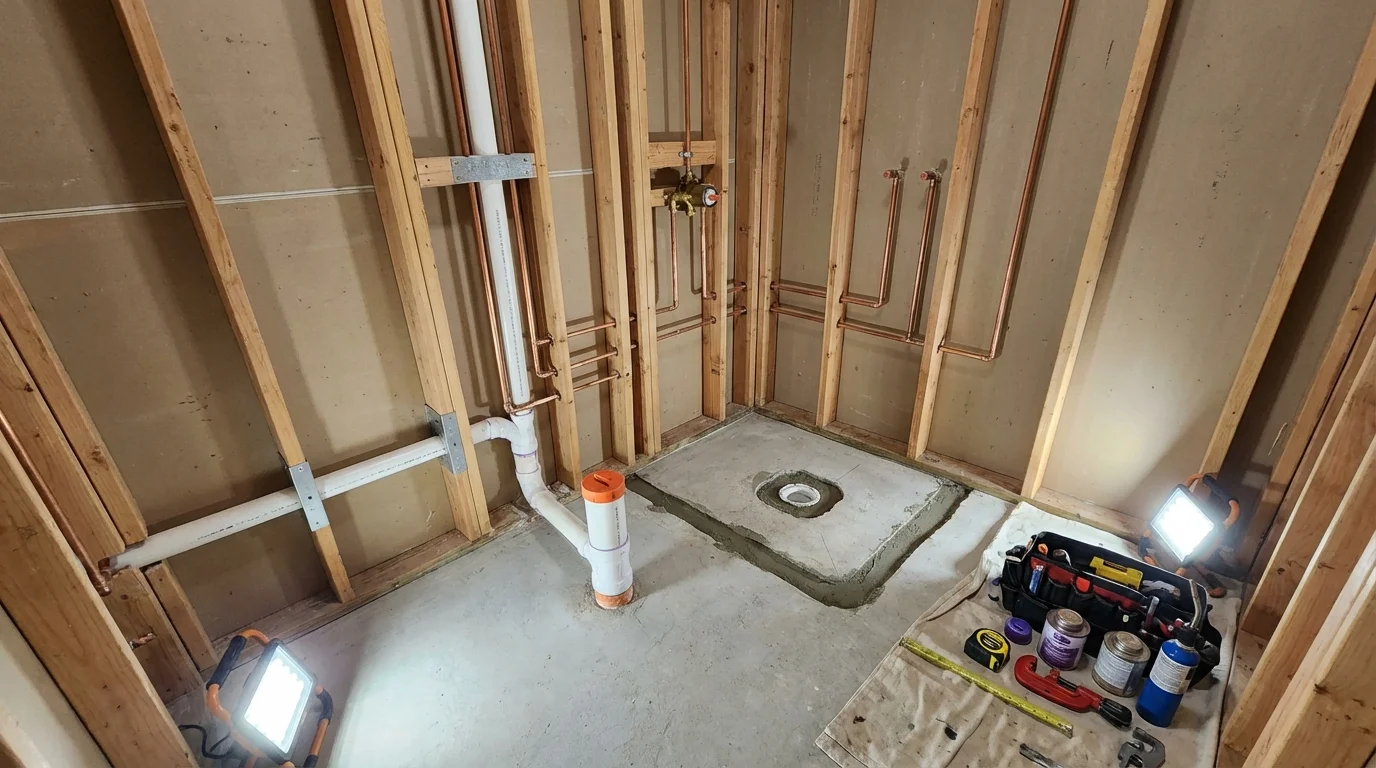 Bathroom rough-in plumbing during remodel by Johns Plumbing LLC in Lineville