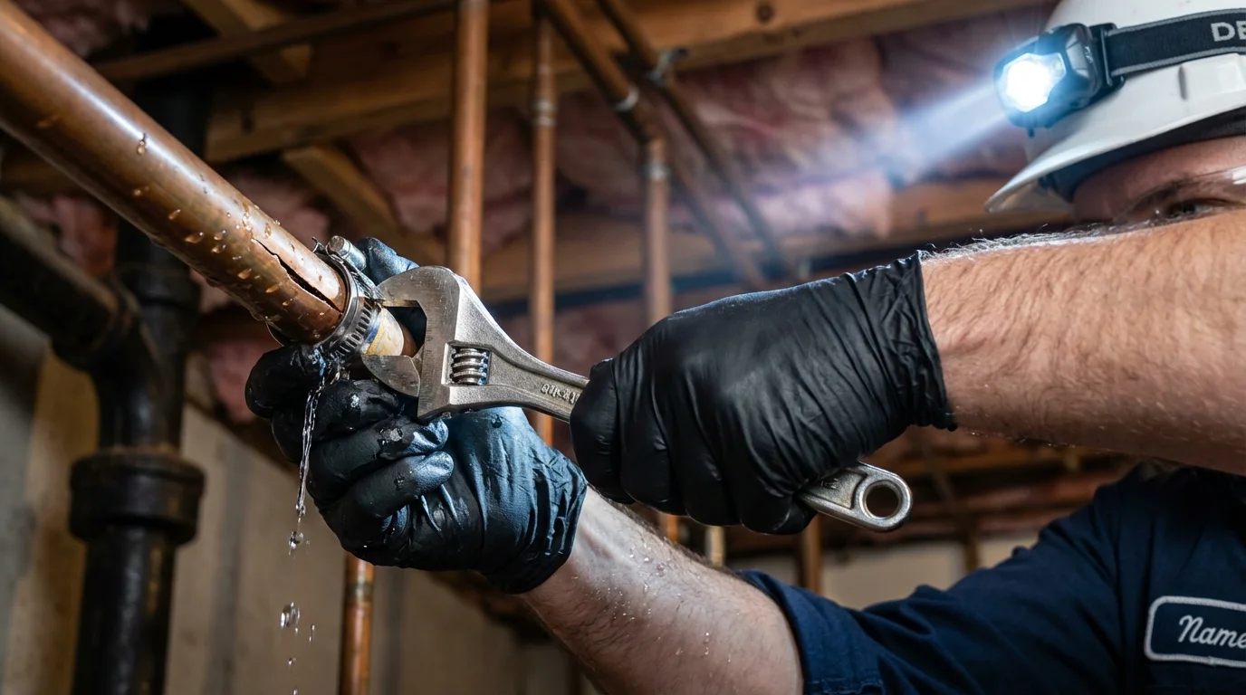 Emergency pipe clamp repair being performed by a Johns Plumbing LLC plumber in Lineville
