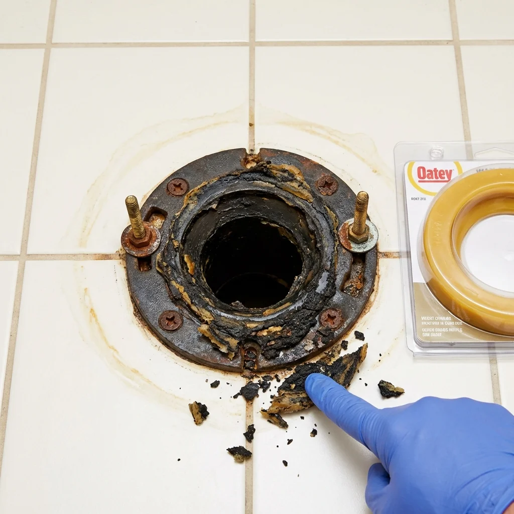 Failed wax ring showing water seepage at the base of a toilet in a Lineville, AL home