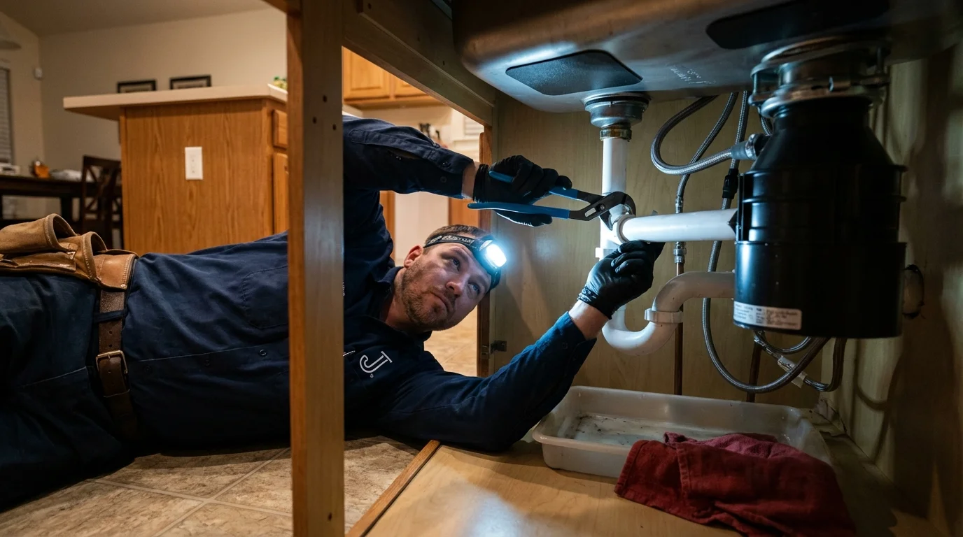 P-trap and supply line connections under a kitchen sink showing a common leak point in Lineville, AL